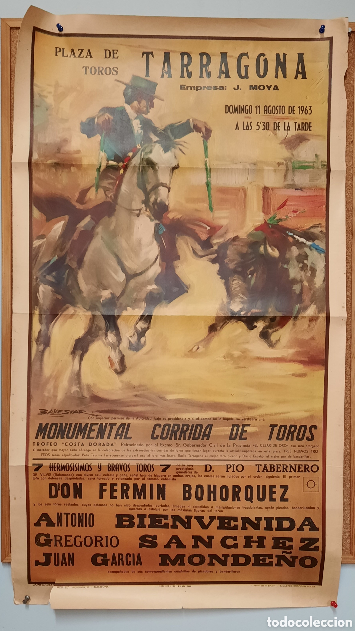Tauromachie: CARTEL PLAZA DE TOROS DE TARRAGONA 1963 / BIENVENIDA , SANCHEZ Y MONDE&Ntilde;O 108X63