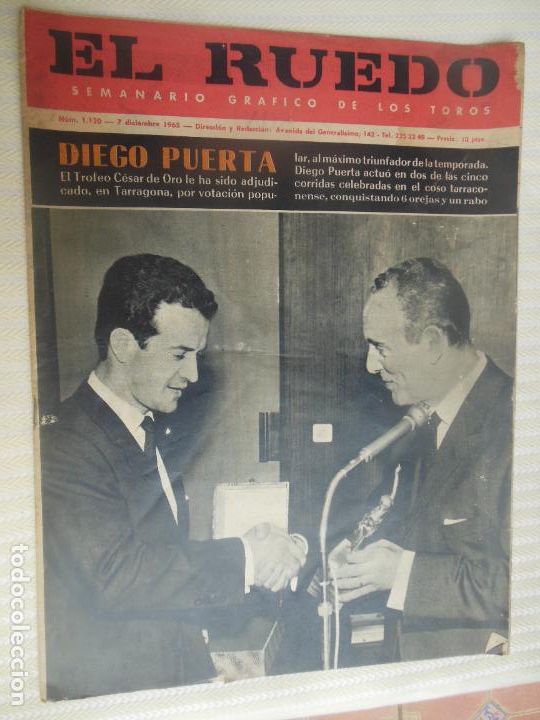 Bullfighting: EL RUEDO SEMANARIO GRAFICO DE LOS TOROS N&ordm; 1120- 12-1965- DIEGO PUERTA