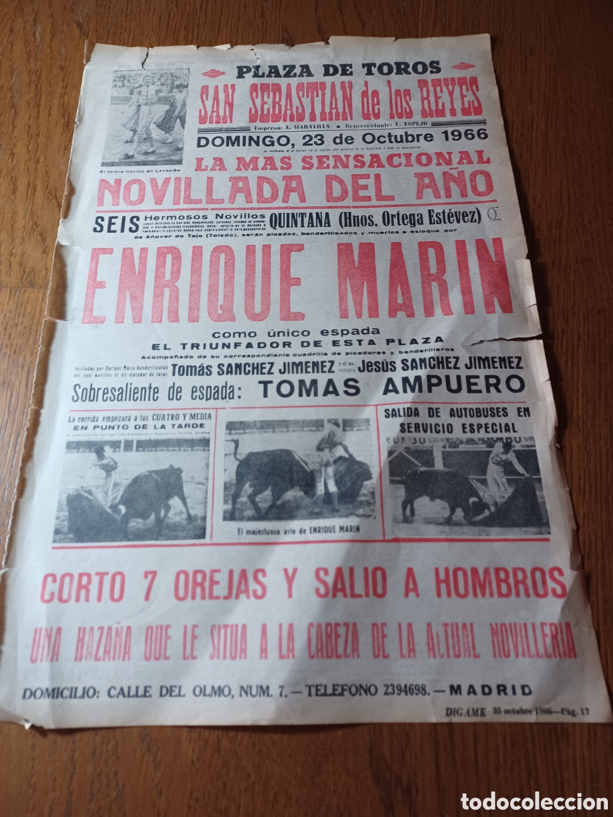 Bullfighting: PLAZA DE TOROS DE SAN SEBASTI&Aacute;N DE LOS REYES.23 OCTUBRE 1966 ENRIQUE MARIN.NOVILLADA DEL A&Ntilde;O 42 X 27