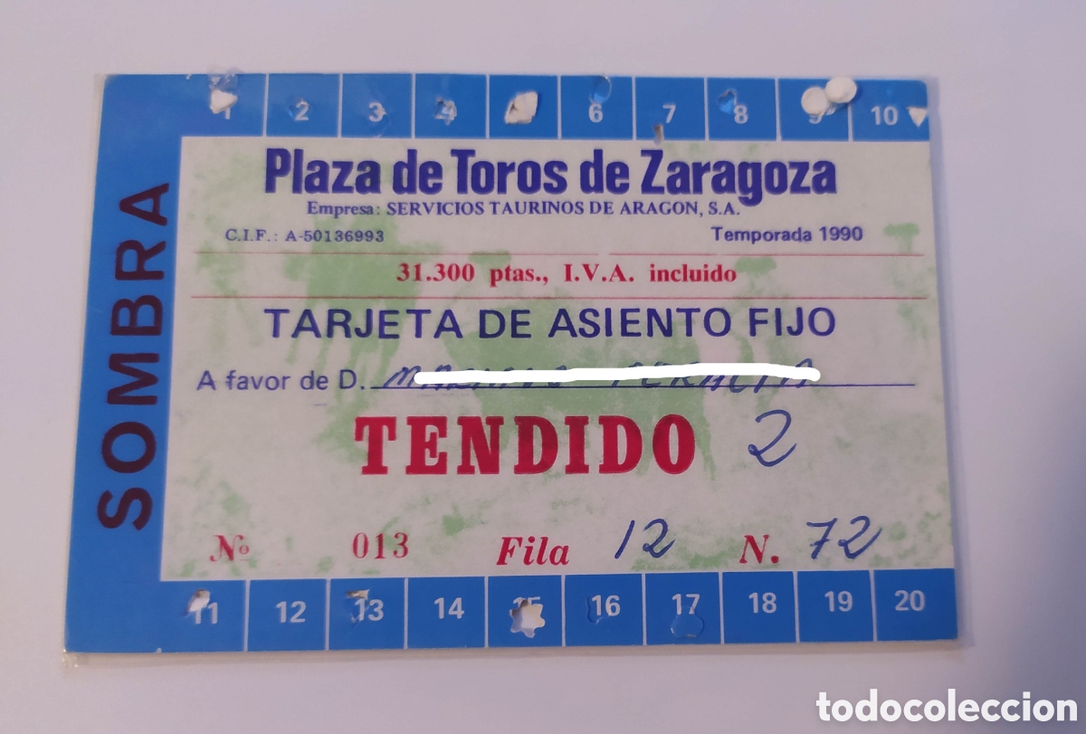 Tauromaquia: Abono plaza de toros Zaragoza 1990