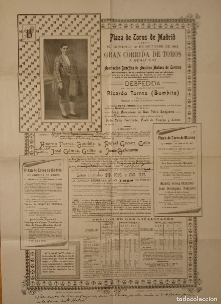 Tauromaquia: Cartel. Joselito el Gallo.Despedida de Ricardo Torres ( Bombita).19 Octubre 1913. Madrid