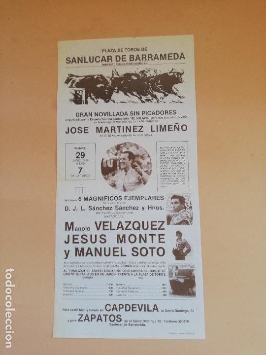 Tauromaquia: CARTEL TOROS. PLAZA DE TOROS DE SANLUCAR DE BARRAMEDA. 1985. VELAZQUEZ. JESUS MONTES. MANUEL SOTO.