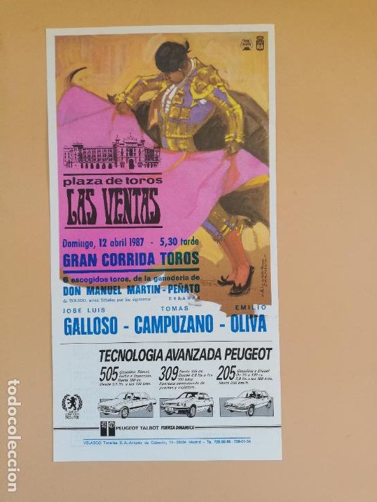 Stierkampf: CARTEL TOROS. PLAZA DE TOROS LAS VENTAS. 1987. JOSE LUIS GALLOSO- TOMAS CAMPUZANO- EMILIO OLIVA.