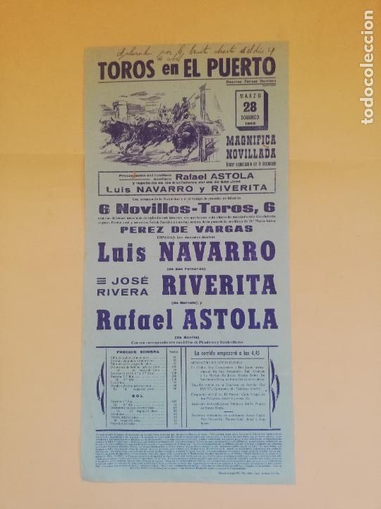 Tauromachie: CARTEL TOROS. PLAZA DE TOROS EN EL PUERTO. 1965. LUIS NAVARRO. RIVERITA Y RAFAEL ASTOLA.