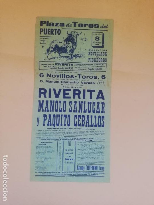 Tauromaquia: CARTEL TOROS. PLAZA DE TOROS EN EL PUERTO. 1965. RIVERITA. MANOLO SANLUCAR. PAQUITO CEBALLOS.