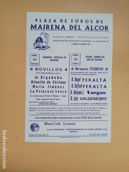 Stierkampf: CARTEL TOROS. PLAZA TOROS MAIRENA DEL ALCOR. ANGEL PERALTA. R. PERALTA. A. VARGAS. L. VALDENEBRO.