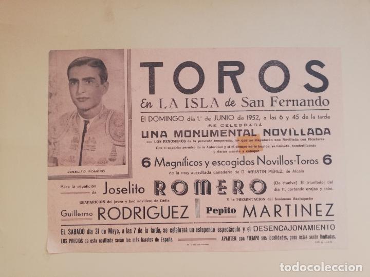 Tauromaquia: CARTEL TOROS. SAN FERNANDO. 1952. JOSELITO ROMERO. GUILLERMO RODRIGUEZ. PEPITO MARTINEZ.