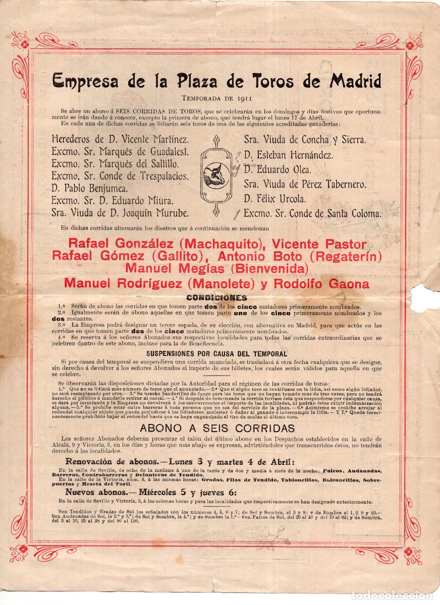 Tauromaquia: PLAZA DE TOROS DE MADRID, PROGRAMA DE ABONADOS 1911 - Foto 2
