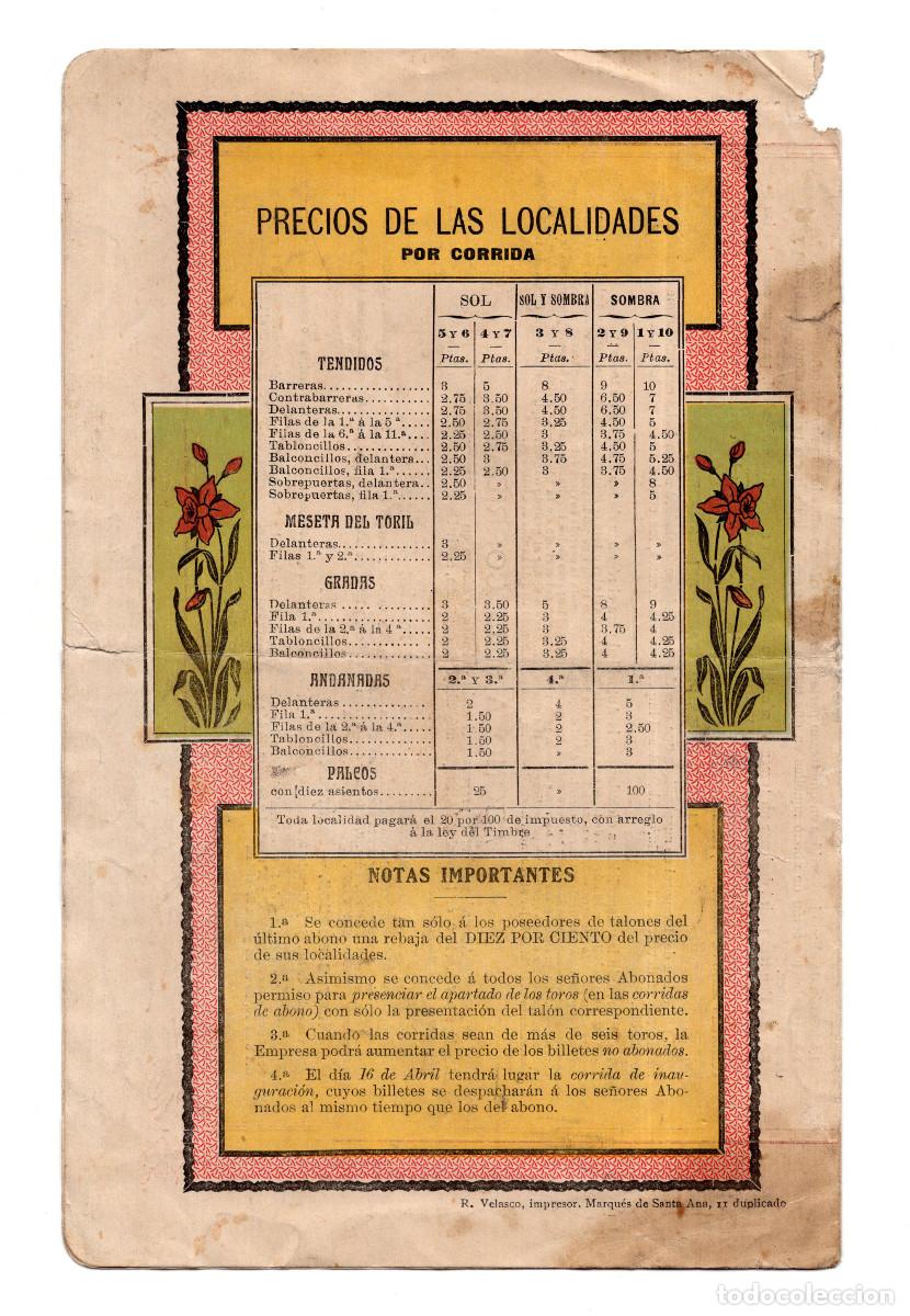 Tauromaquia: PLAZA DE TOROS DE MADRID, PROGRAMA DE ABONADOS 1911 - Foto 3