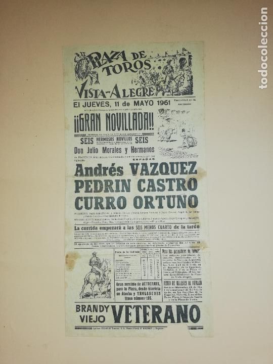 Tauromachie: CARTEL TOROS. VISTA-ALEGRE. 1961. ANDRES VAZQUEZ. PEDRIN CASTRO. CURRO ORTU&Ntilde;O.
