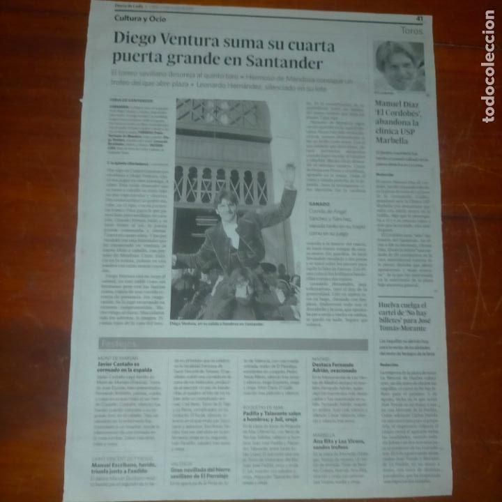 Tauromaquia: REF : ANTIGUA HOJA DE PRENSA TOROS TAUROMAQUIA TOREROS - MANUEL DIAZ EL CORDOBES, DIEGO VENTURA
