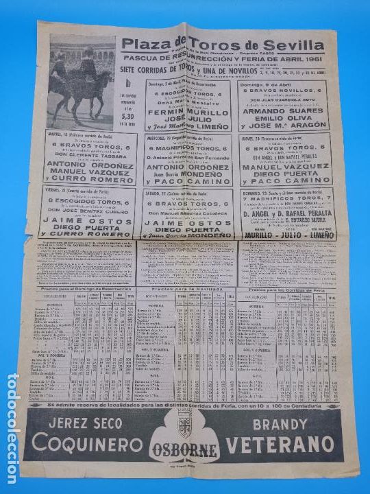Stierkampf: CARTEL PLAZA DE TOROS DE SEVILLA PASCUA DE RESURECCION Y FERIA DE ABRIL 1961