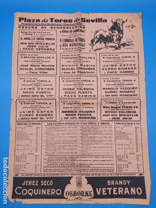 Stierkampf: CARTEL PLAZA DE TOROS DE SEVILLA PASCUA DE RESURECCION Y FERIA DE ABRIL 1962