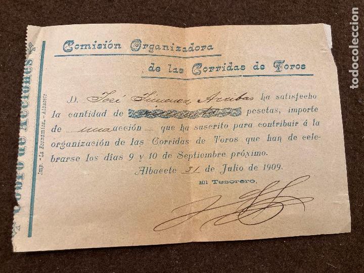 Tauromaquia: Albacete a&ntilde;o 1909 recibo accion para la organizacion de corridas de toros durante la feria