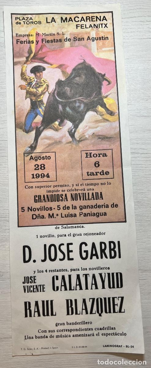Tauromaquia: CARTEL DE TOROS. PLAZA DE TOROS DE LA MACARENA FELANITX FERIAS SAN AGUSTIN. AGOSTO 1994