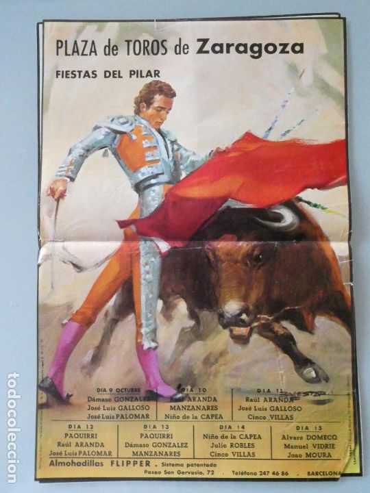 Stierkampf: CARTEL DE TAUROMAQUIA PLAZA DE TOROS DE ZARAGOZA. A&Ntilde;OS 70. MANZANARES GALLOSO, PAQUIRRI. 34CM. 119