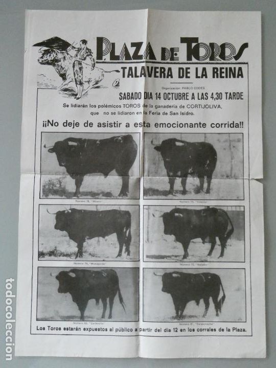 Tauromachie: CARTEL DE TAUROMAQUIA PLAZA TOROS TALAVERA DE LA REINA TOLEDO A&Ntilde;OS 70 TOROS DE CORTIJOLIVA 40CM. 125