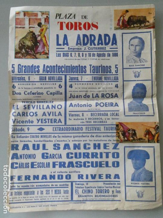 Tauromachia: CARTEL DE TAUROMAQUIA PLAZA TOROS DE LA ADRADA &Aacute;VILA A&Ntilde;O 1980 FRASCUELO YESTERA 44CM 136