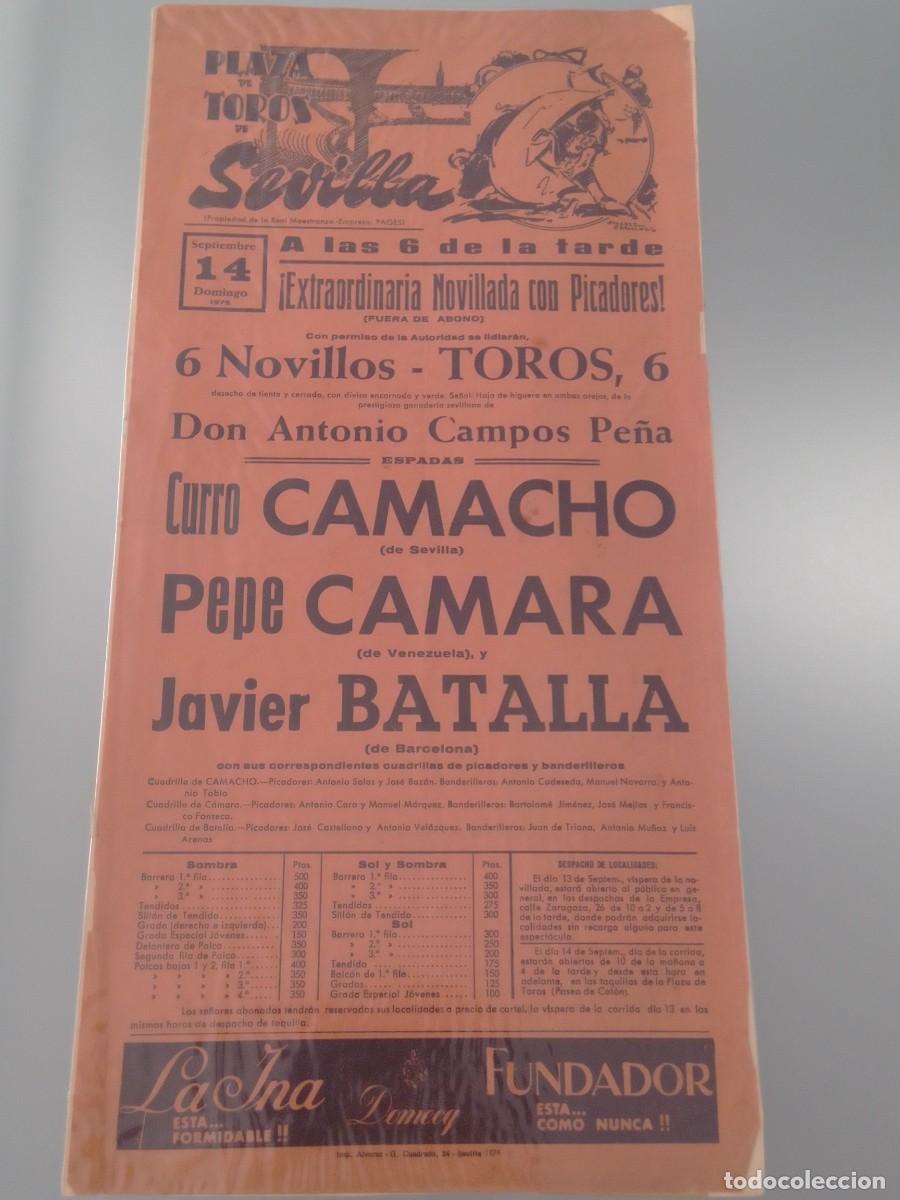 Tauromachie: CARTEL DE TOROS. PLAZA DE SEVILLA 14 DE SEPTIEMBRE 1975. CAMACHO, CAMARA Y BATALLA