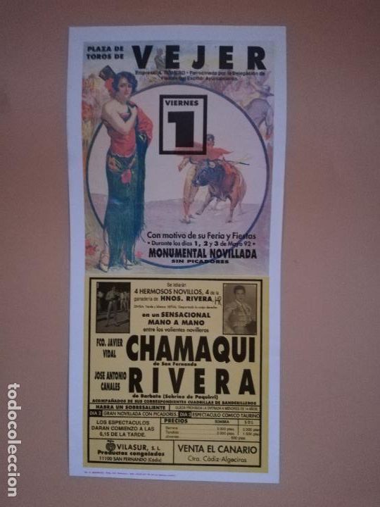 Tauromachie: CARTEL TOROS. PLAZA DE TOROS VEJER. 1992. FCO. JAVIER CHAMAQUI. JOSE ANTONIO CANALES RIVERA.