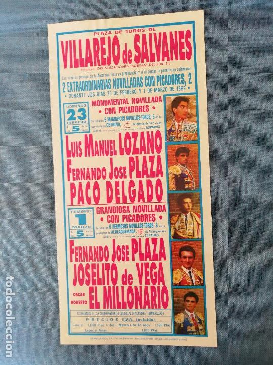 Tauromaquia: CARTEL TOROS. VILLAREJO DE SALVANES. 1992. LOZANO. FERNANDO J. PLAZA. PACO DELGADO. JOSELITO DE VEGA
