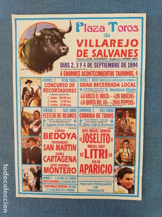 Tauromaquia: CARTEL TOROS. VILLAREJO DE SALVARES. 1994. BEDOYA. SAN MARTIN. CARTAGENA. MONTERO. LITRI. JOSELITO.
