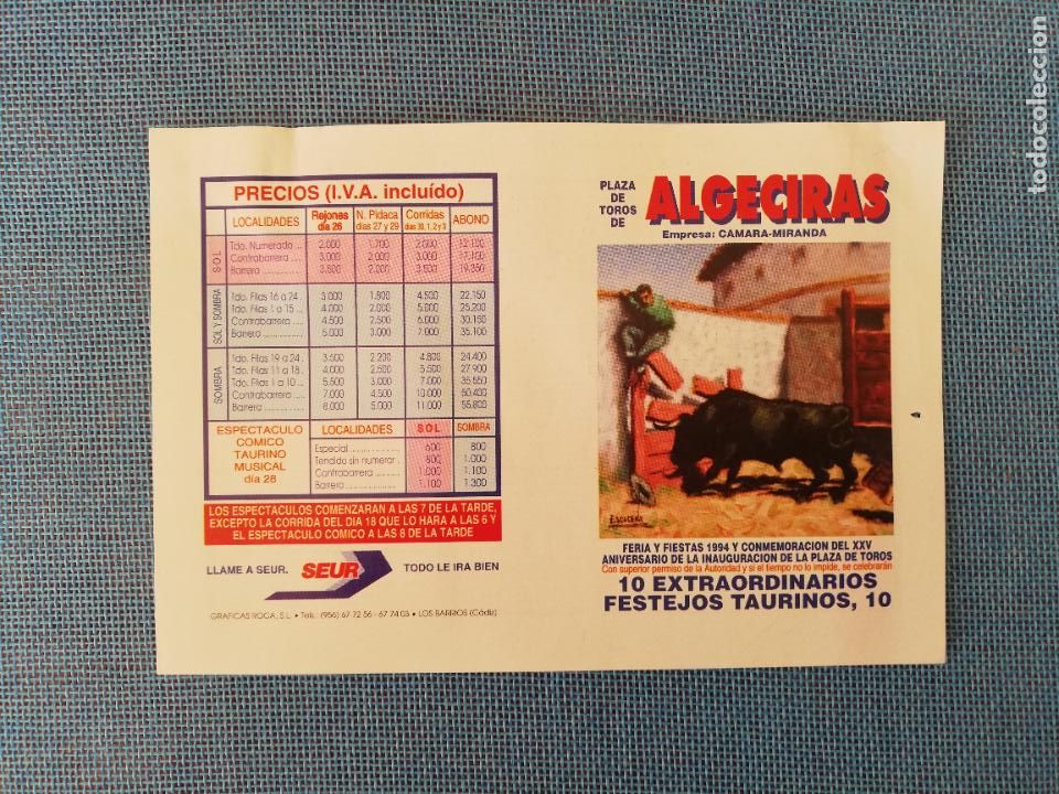 Tauromaquia: PROGRAMA DE TOROS. ALGECIRAS. 1994. ORTEGA CANO.JOSELITO.PONCE.PACHECO.LITRI.OJEDA.ESPARTACO.ORDO&Ntilde;EZ