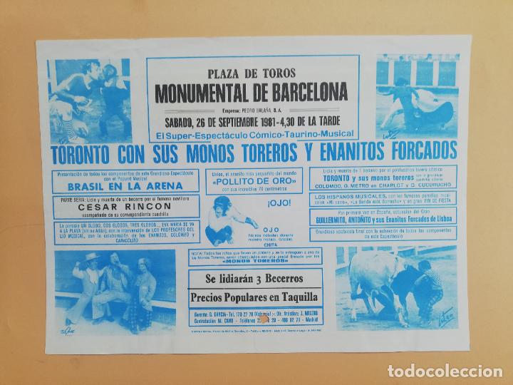 Stierkampf: CARTEL TOROS. BARCELONA. 1981. CESAR RINCON. TORONTO CON SUS MONOS TOREROS. ENANITOS FORCADOS.