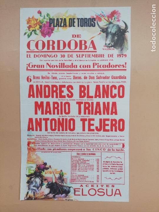 Tauromaquia: CARTEL TOROS. CORDOBA. 1979. ANDRES BLANCO. MARIO TRIANA. ANTONIO TEJERO.
