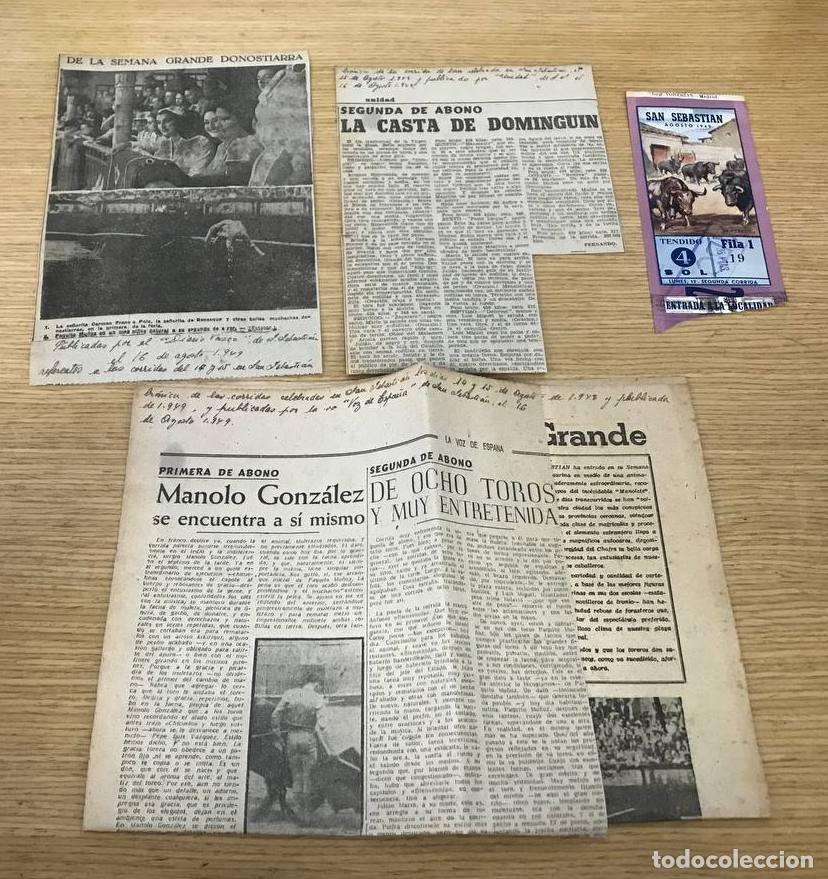 Stierkampf: ENTRADA CORRIDA PLAZA DE TOROS SAN SEBASTIAN. 16 DE AGOSTO 1949. CON RECORTES DE PRENSA