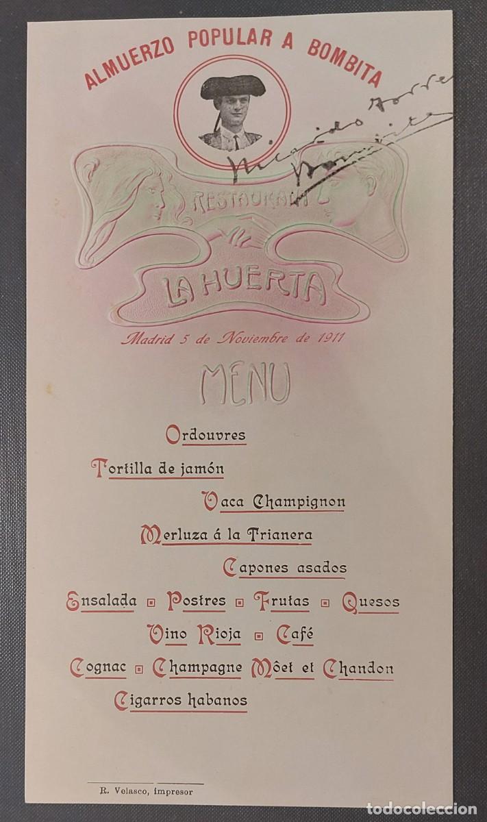 Tauromaquia: MEN&Uacute;-ALMUERZO POPULAR A BOMBITA. RESTAURANTE LAS HUERTAS. MADRID 5 NOVIEMBRE 1911.