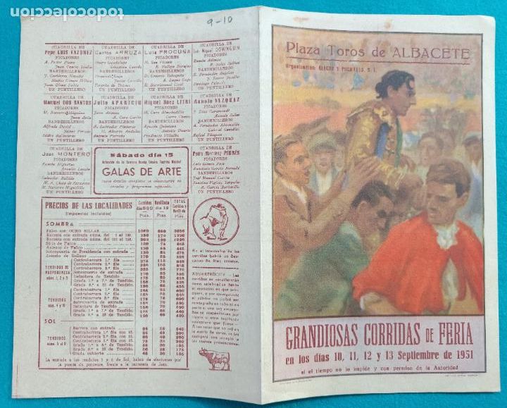Bullfighting: RW PROGRAMA TOROS PLAZA DE ALBACETE 1951 DOMINGUIN DOS SANTOS LITRI APARICIO PEDRES ORTEGA PT16