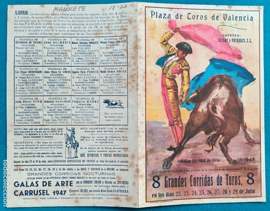 Tauromaquia: RW PROGRAMA TOROS PLAZA DE VALENCIA 1947 MANOLETE ANDALUZ CHONI ROVIRA BELMONTE J REUS ORTEGA PT21