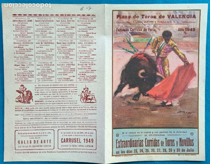 Tauromaquia: RW PROGRAMA TOROS PLAZA DE VALENCIA 1949 PARRITA LITRI CARO MARTORELL J REUS ORTEGA PT22