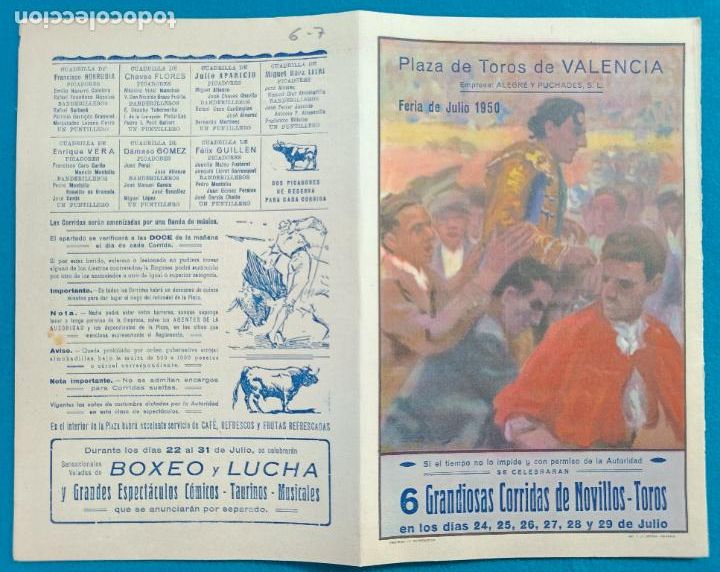 Tauromaquia: RW PROGRAMA TOROS PLAZA DE VALENCIA 1950 LITRI APARICIO FLORES J REUS ORTEGA PT23