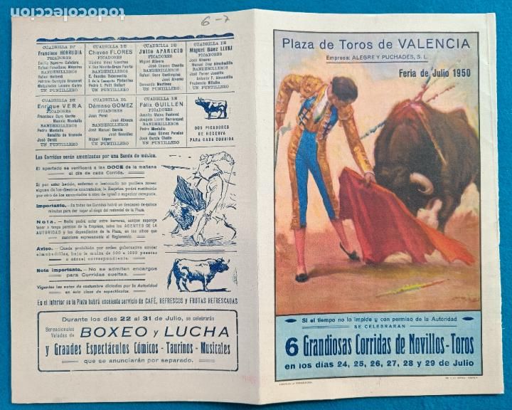 Tauromaquia: RW PROGRAMA TOROS PLAZA DE VALENCIA 1950 LITRI APARICIO GOMEZ GUILLEN J REUS ORTEGA PT24