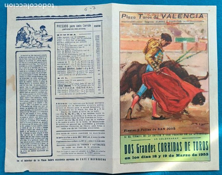 Tauromaquia: RW PROGRAMA TOROS PLAZA DE VALENCIA 1953 APARICIO PEDRES MONTERO ANTO&Ntilde;ETE J REUS ORTEGA PT25