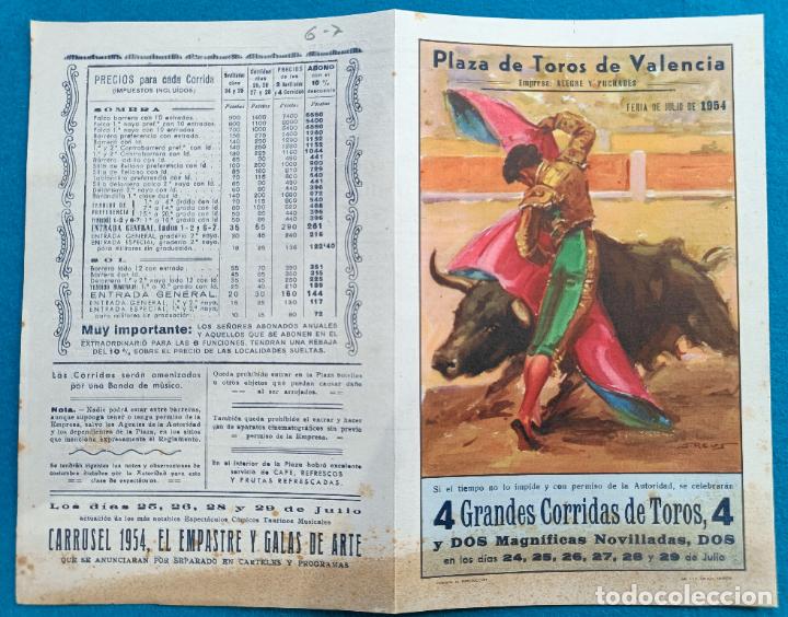 Tauromaquia: RW PROGRAMA TOROS PLAZA DE VALENCIA 1954 MARISCAL BIENVENIDA JUMILLANO J REUS ORTEGA PT26