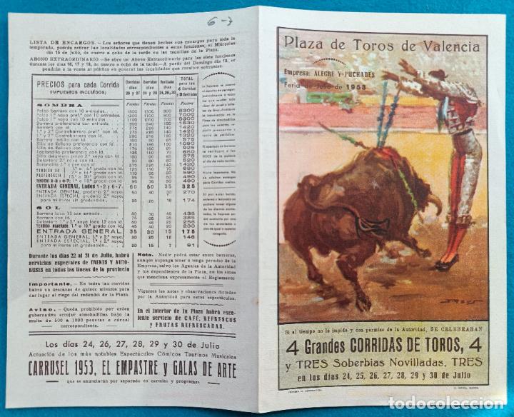 Tauromaquia: RW PROGRAMA TOROS PLAZA DE VALENCIA 1953 JUMILLANO PEDRES ORTEGA CALERITO J REUS ORTEGA PT28