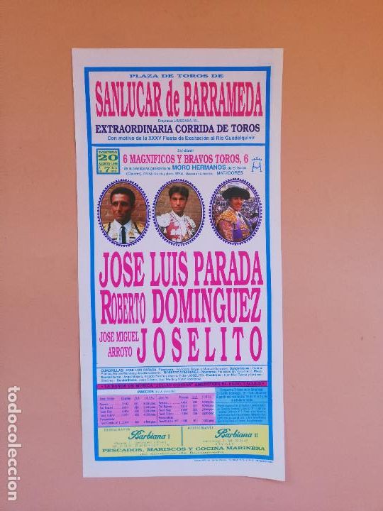 Tauromaquia: CARTEL TOROS. SANLUCAR DE BARRAMEDA. 1989. JOSE LUIS PARADA. ROBERTO DOMINGUEZ. J.M ARROYO, JOSELITO