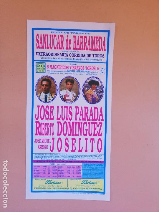 Tauromaquia: CARTEL TOROS. SANLUCAR DE BARRAMEDA. 1989. JOSE LUIS PARADA. ROBERTO DOMINGUEZ. J.M ARROYO, JOSELITO
