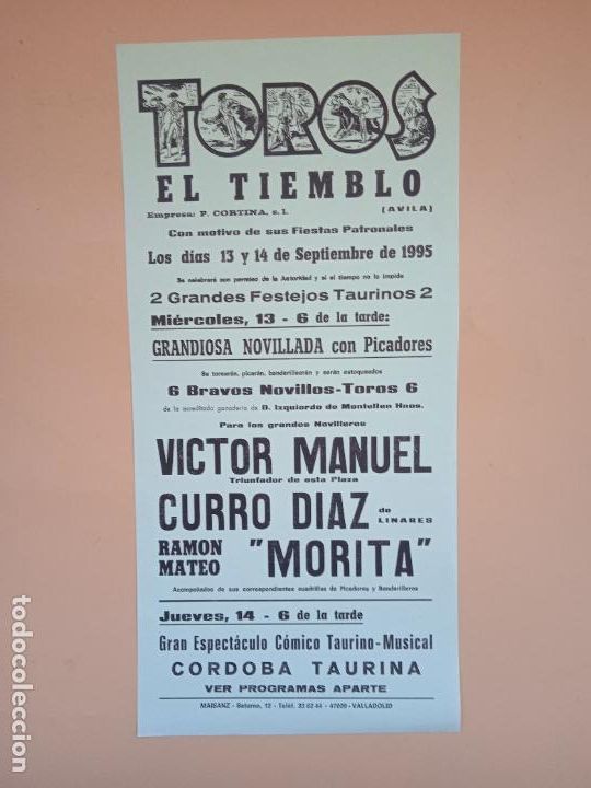 Tauromaquia: CARTEL TOROS. EL TIEMBLO, AVILA. 1995. VICTOR MANUEL. CURRO DIAZ. RAMON MATEO MORITA.