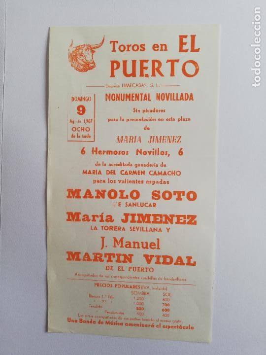 Tauromaquia: CARTEL TOROS. EL PUERTO. 1987. MANOLO SOTO. MARIA JIMENEZ. J. MANUEL MARTIN VIDAL.