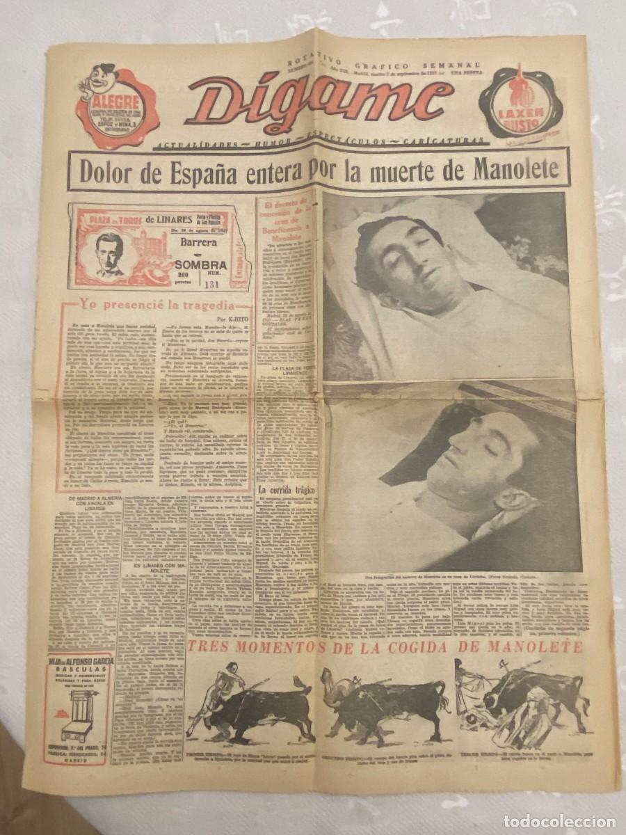 Tauromaquia: MUERTE DE MANOLETE, REVISTA DIGAME 2 DE SEPTIEMBRE DE 1947, MUCHISIMOS ARTICULOS SOBRE LA VIDA DE MA