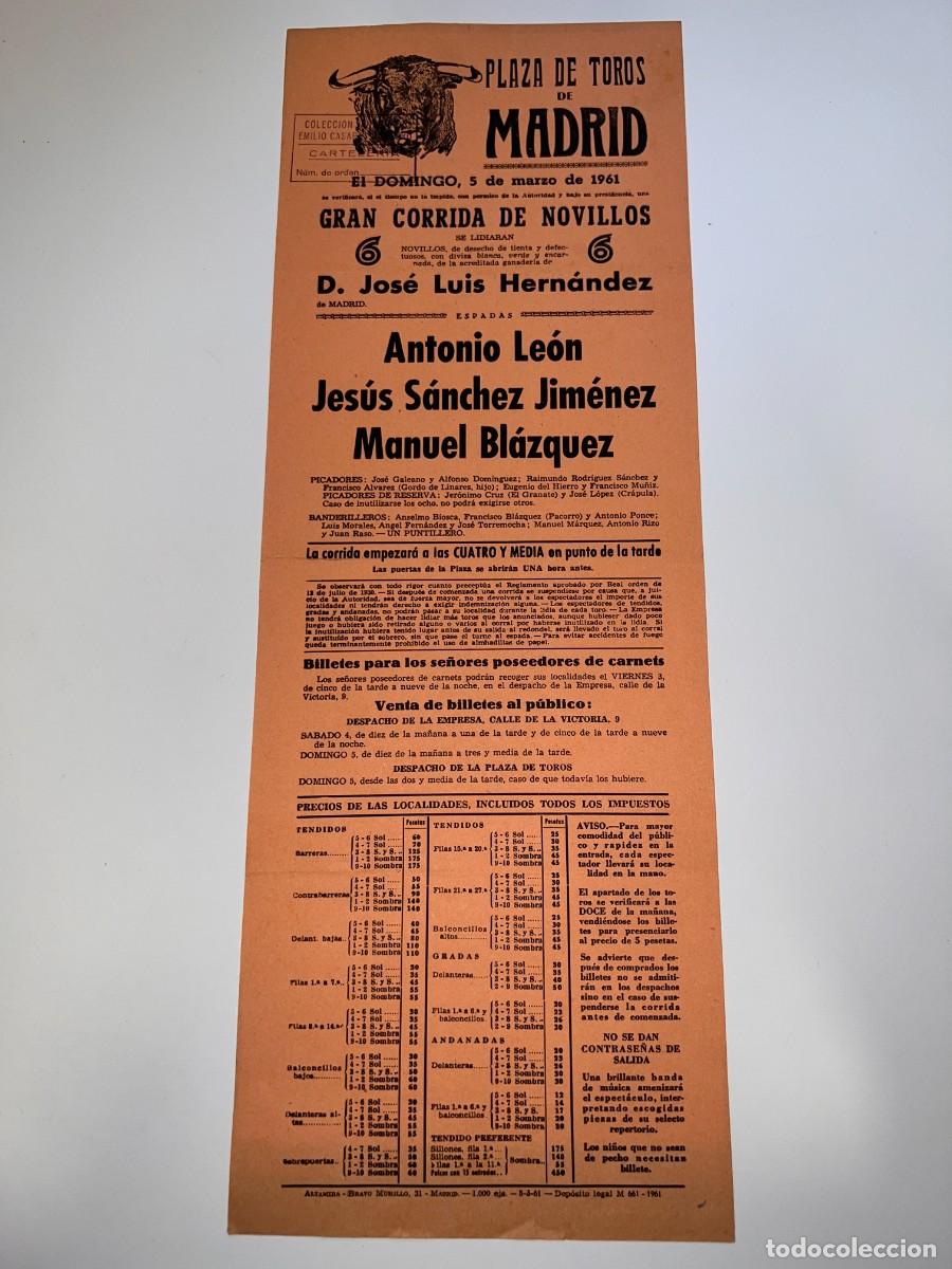 Tauromachie: CARTEL. PLAZA TOROS MADRID. 1961. GANADER&Iacute;A J.L. HERNANDEZ. ANTONIO LEON. MANUEL BLAZQUEZ
