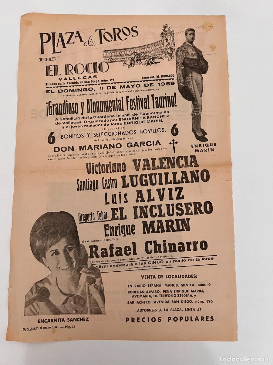 Tauromachie: CARTEL. PLAZA TOROS VALLECAS. MADRID.1969.VICTORIANO VALENCIA.LUGUILLANO.LUIS ALVIZ. RAFAEL CHINARRO