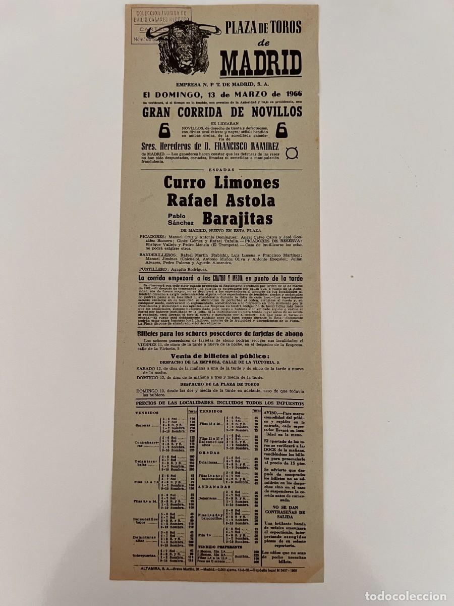 Bullfighting: CARTEL. PLAZA TOROS MADRID. 1966. GANADER&Iacute;A HEREDEROS F. RAMIREZ. CURRO LIMONES. RAFAEL ASTOLA