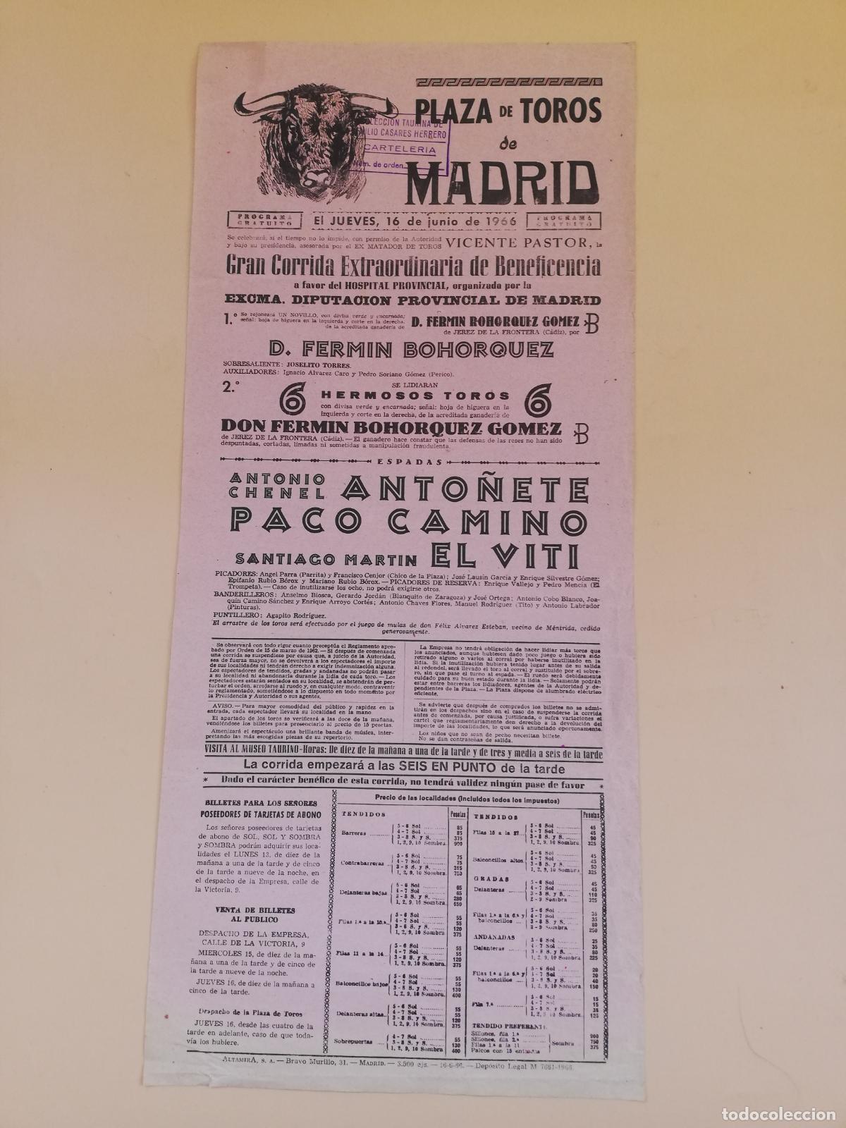 Bullfighting: CARTEL TOROS. MADRID. 1966. GANADERIA FERMIN BOHORQUEZ. ANTO&Ntilde;ETE. PACO CAMINO. EL VITI.