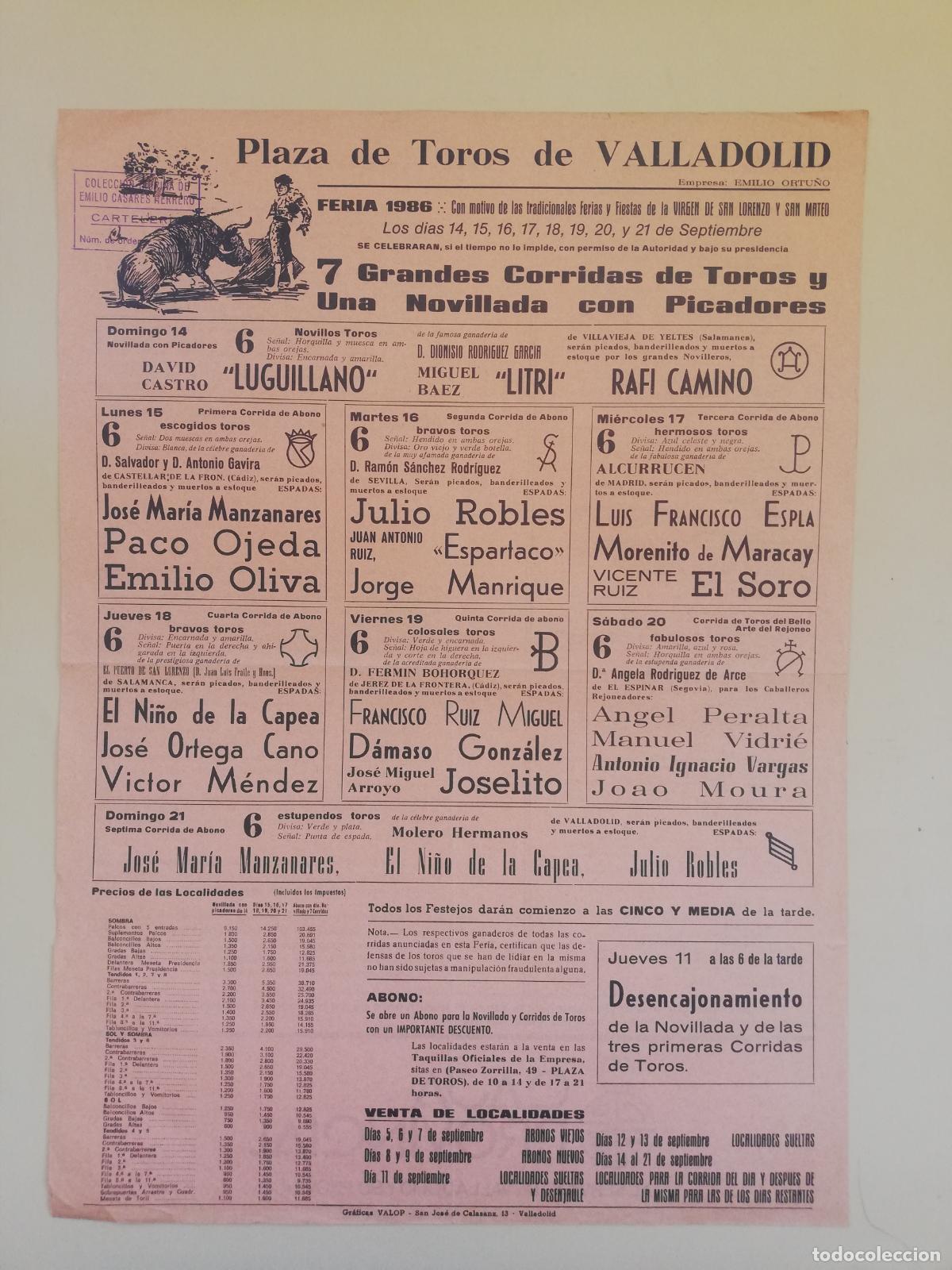 Tauromaquia: CARTEL TOROS. VALLADOLID. 1986. GANADERIA FERMIN BOHORQUEZ. JULIO ROBLES. ESPLA. EL SORO. JOSELITO.