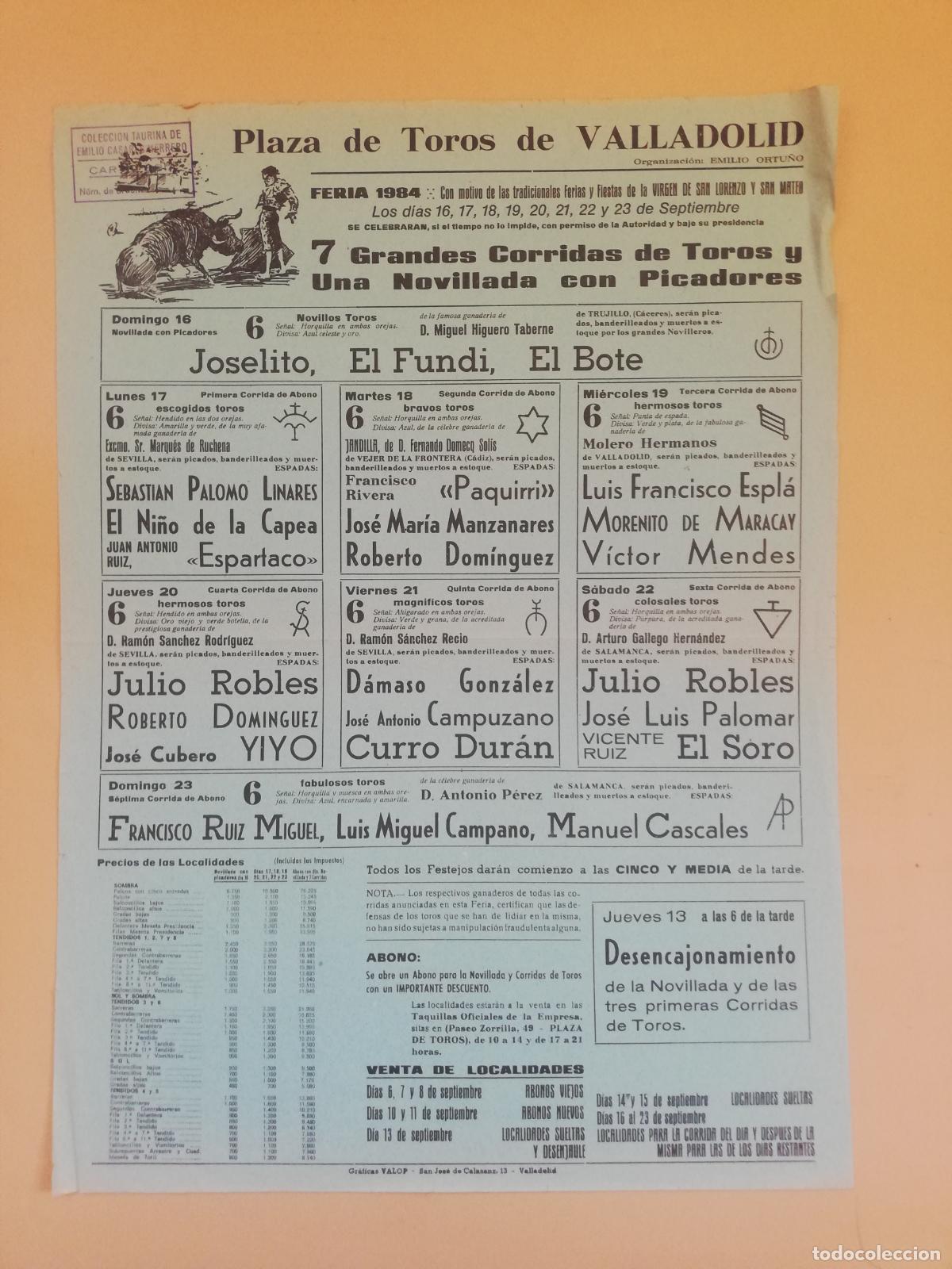 Tauromaquia: CARTEL TOROS. VALLADOLID. 1984. GANADERIA MOLERO HNOS. ESPLA. MENDES. EL SORO. DURAN. ROBLES. YIYO.